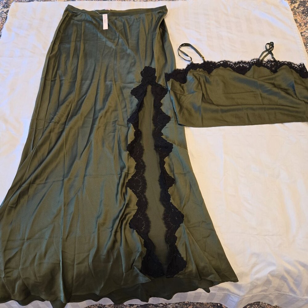 Victoria Secret XL Satin Lace Trim Cropped Top Slip Skirt Set - Green